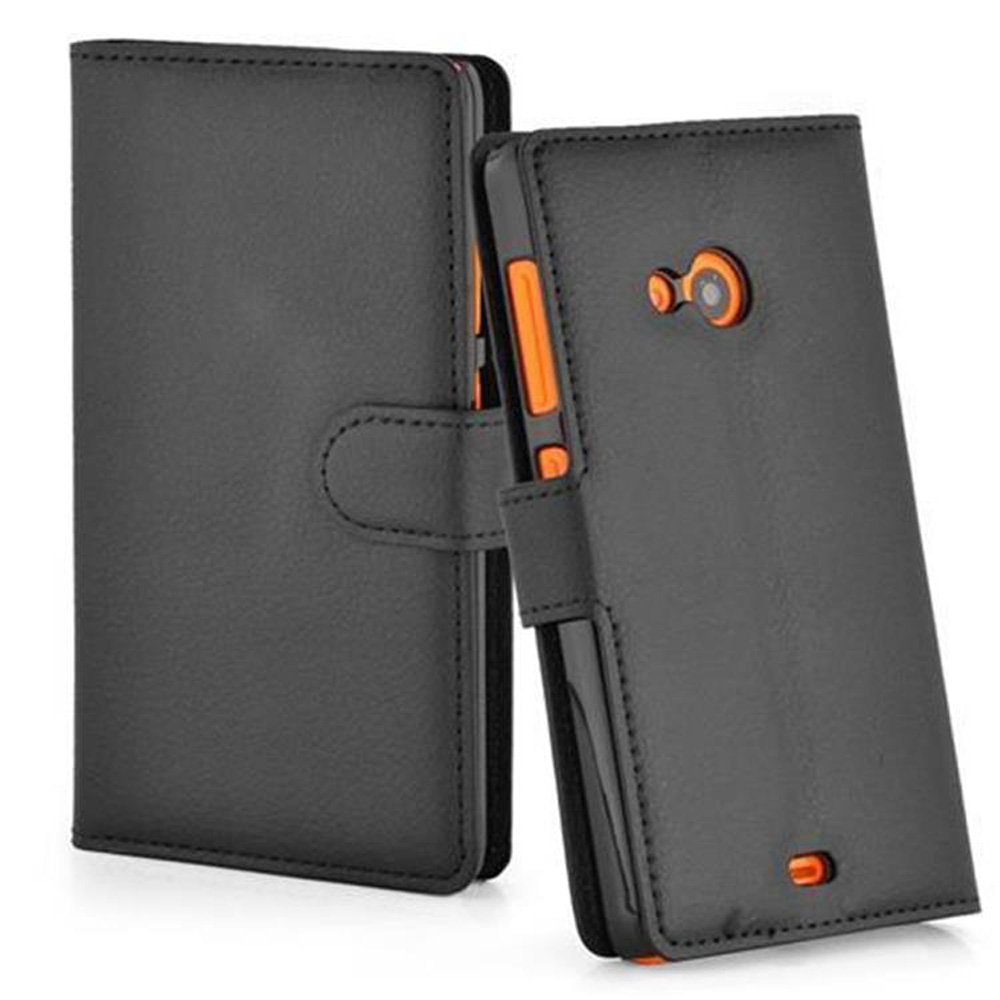 Custodia in pelle nera per telefono con accenti arancioni.