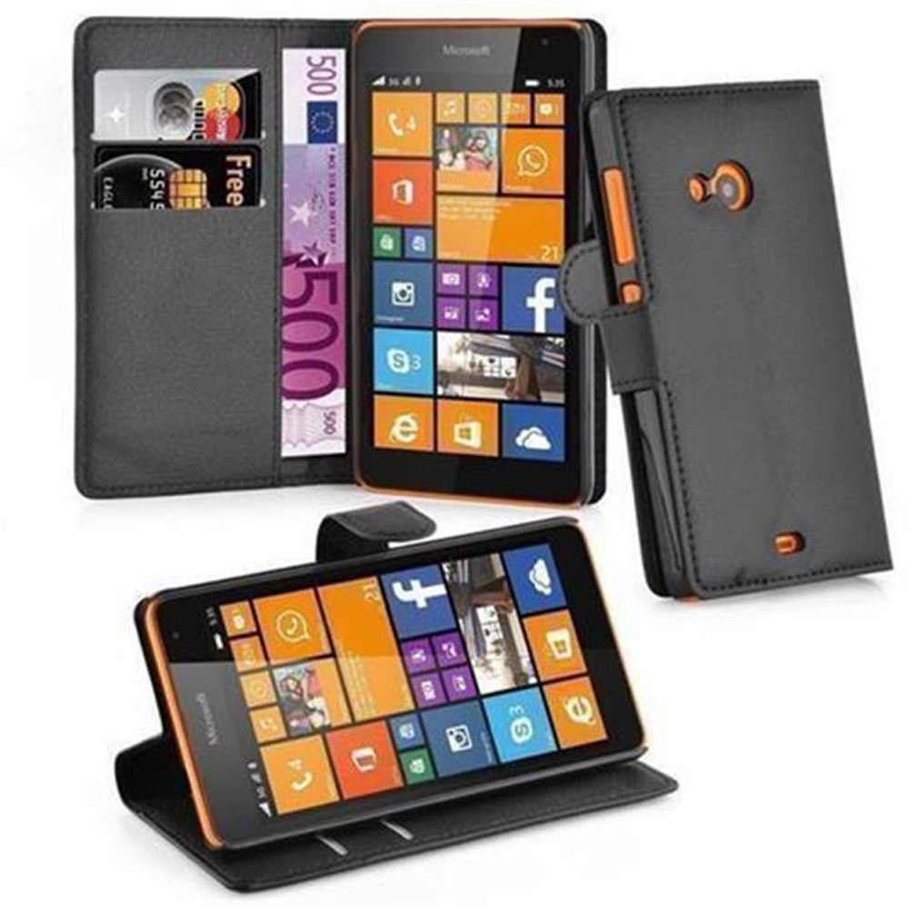 Uno smartphone nero con accenti arancioni in una custodia con banconote e carte.