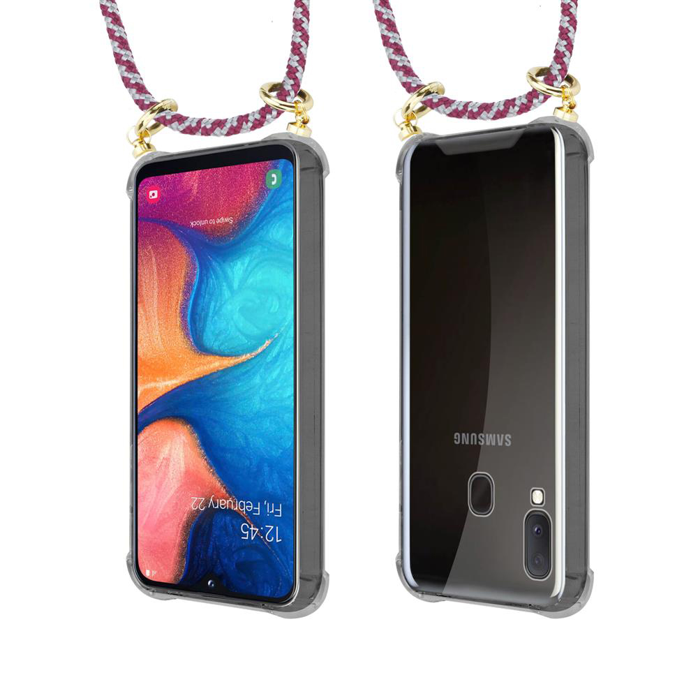 Uno smartphone in una custodia trasparente con un laccio.