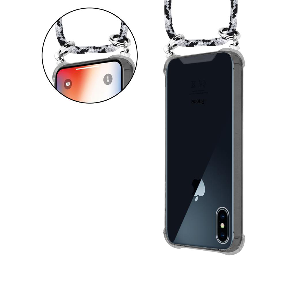 Un iPhone trasparente con cinturino bianco e nero, isolato su bianco.