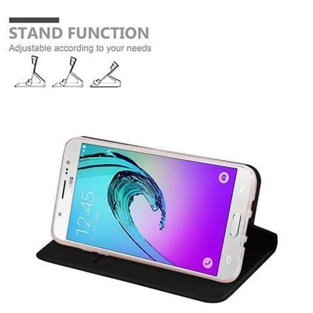 Uno smartphone in una custodia nera che funge da supporto.
