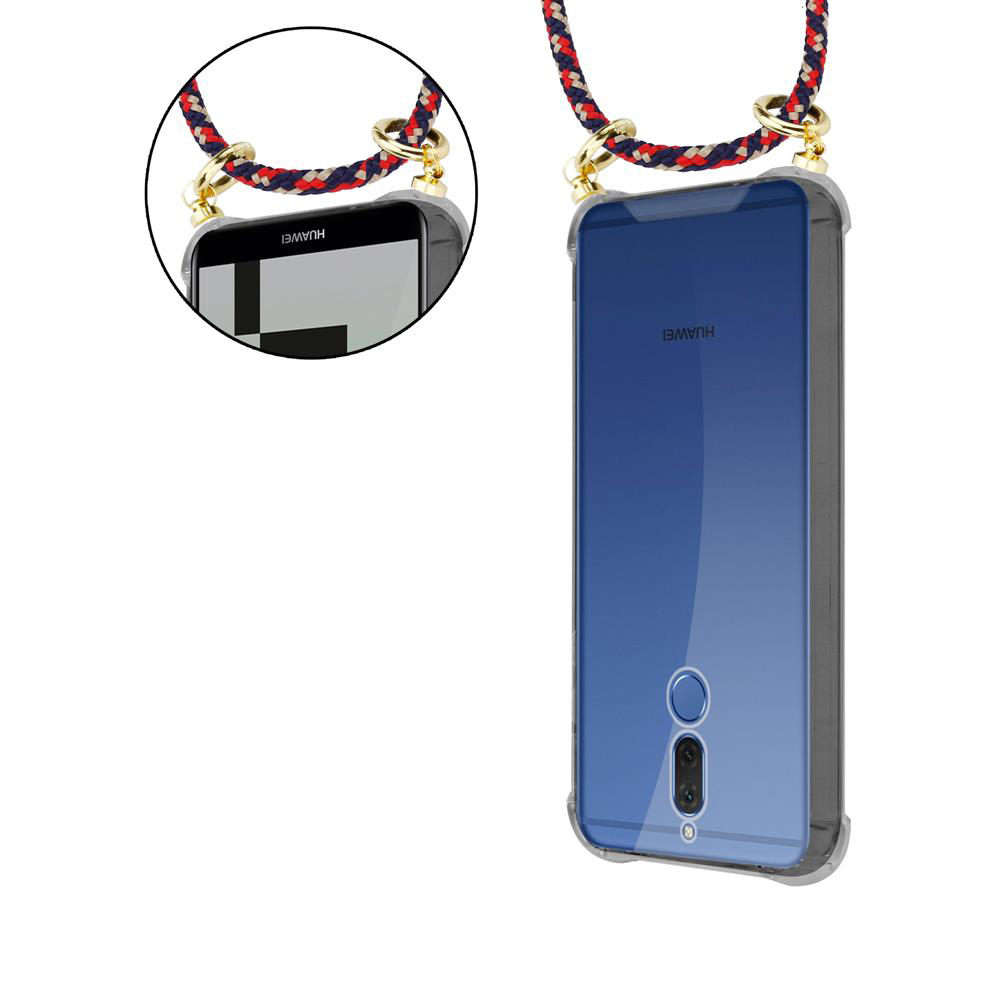 Due smartphone Huawei in custodie trasparenti con cordini rossi, blu e dorati.