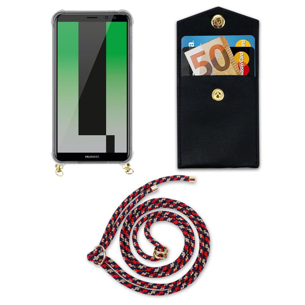 Smartphone con custodia, portafoglio con carte e banconota da 50€, e cordino.