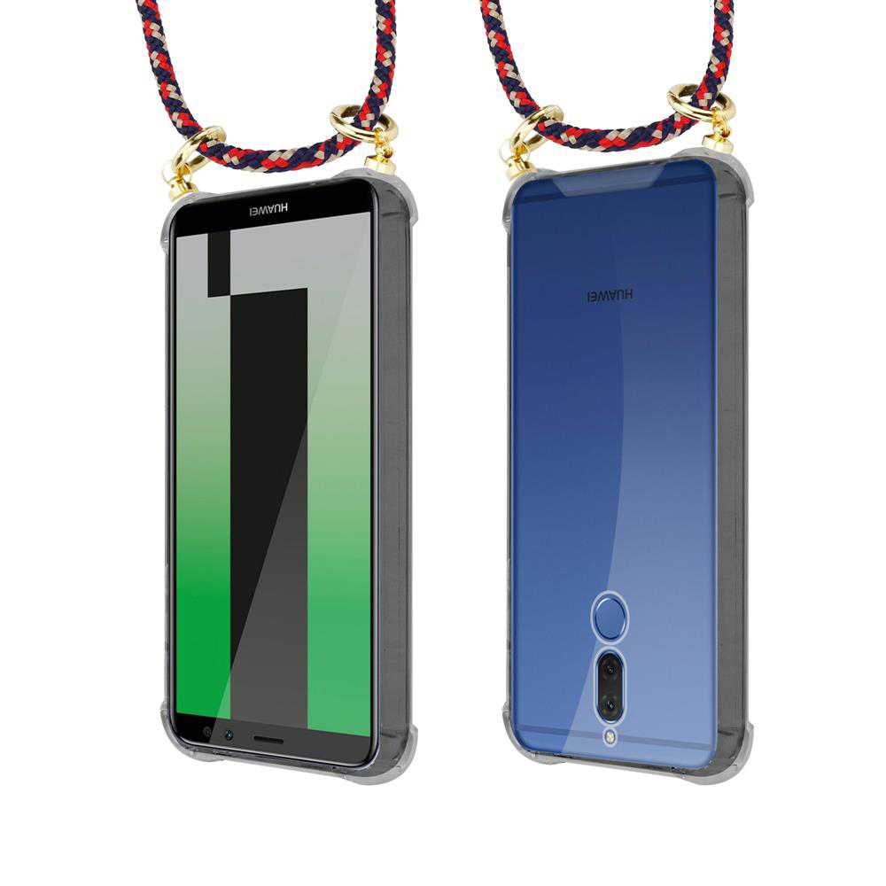Due telefoni Huawei con cordoni. Uno mostra schermo verde, l'altro blu.