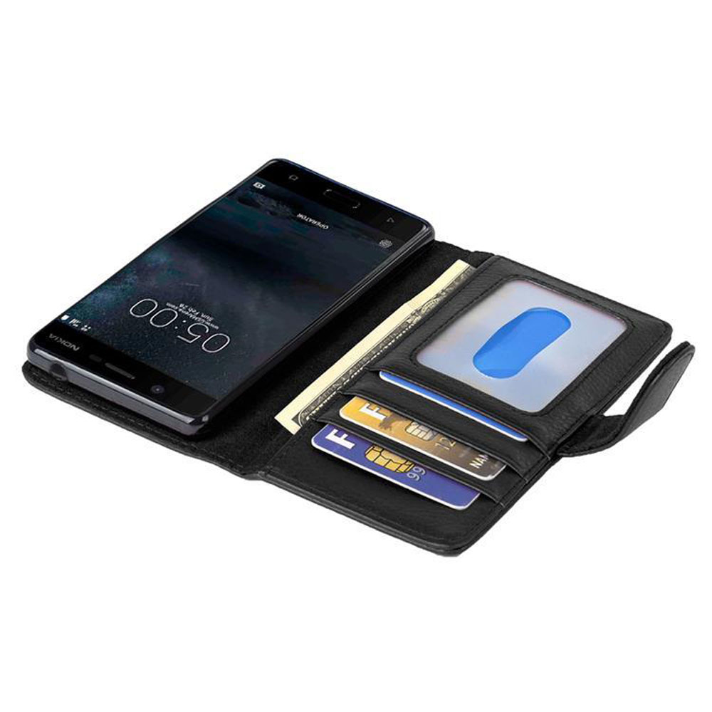 Custodia a portafoglio in pelle nera con telefono e fessure.
