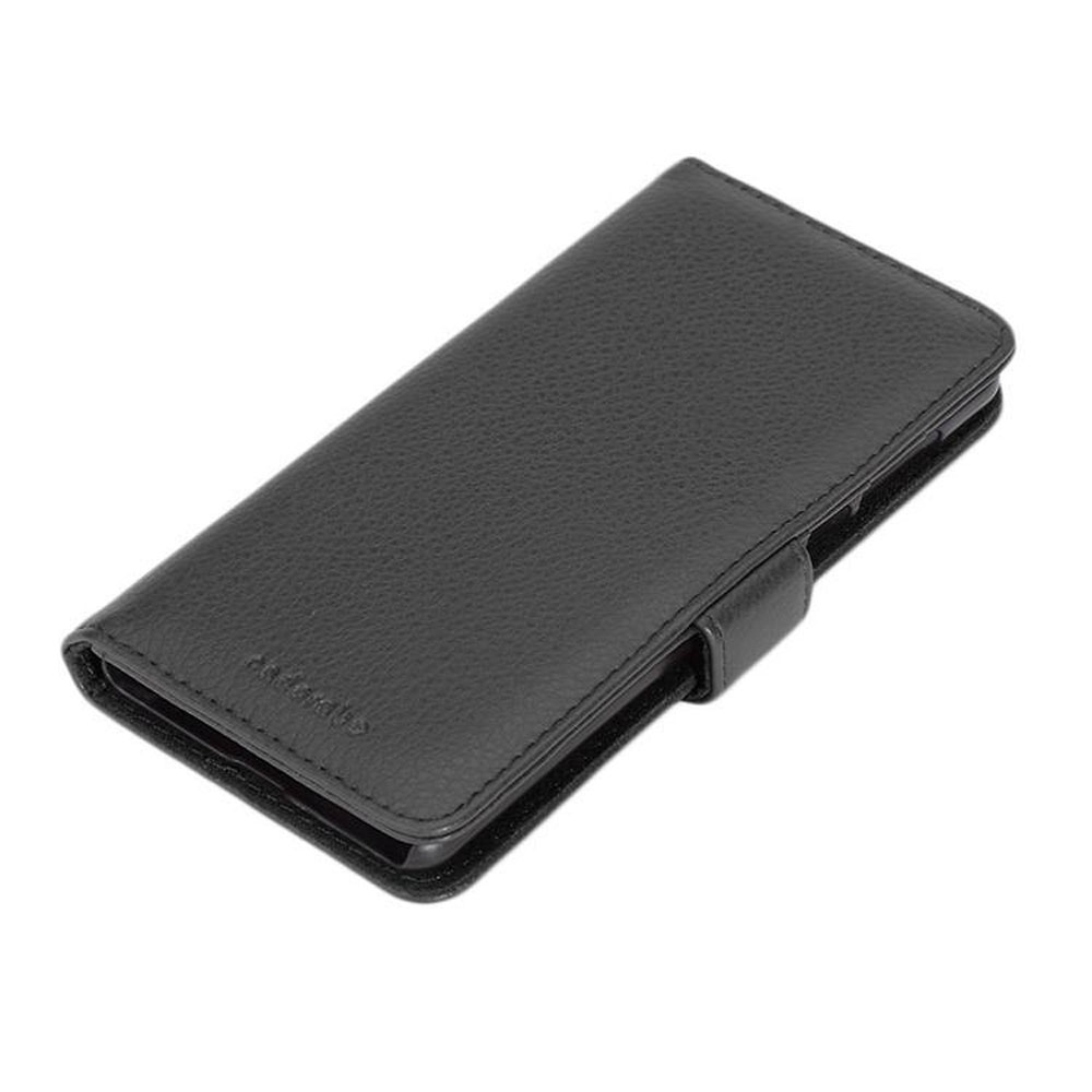 Custodia a libro in pelle nera testurizzata per smartphone.