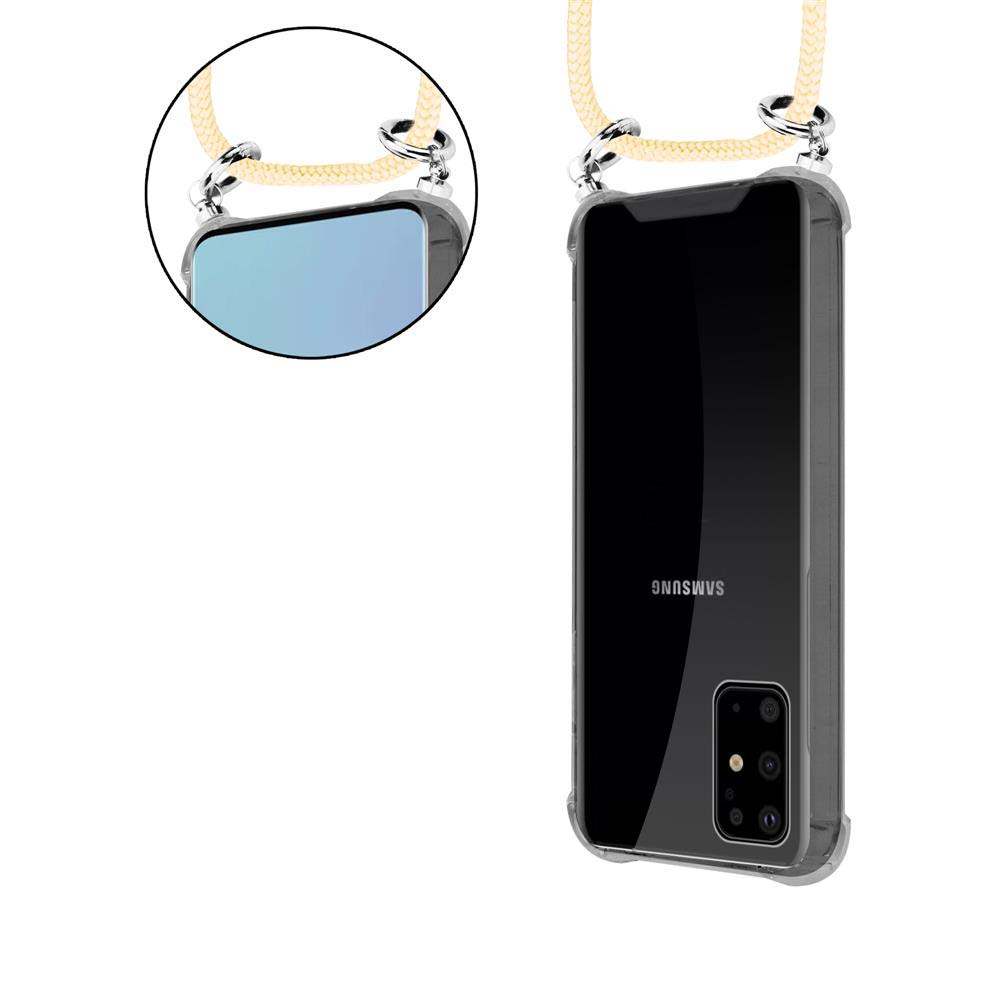 Custodia trasparente con cordino, primo piano della fotocamera Samsung.