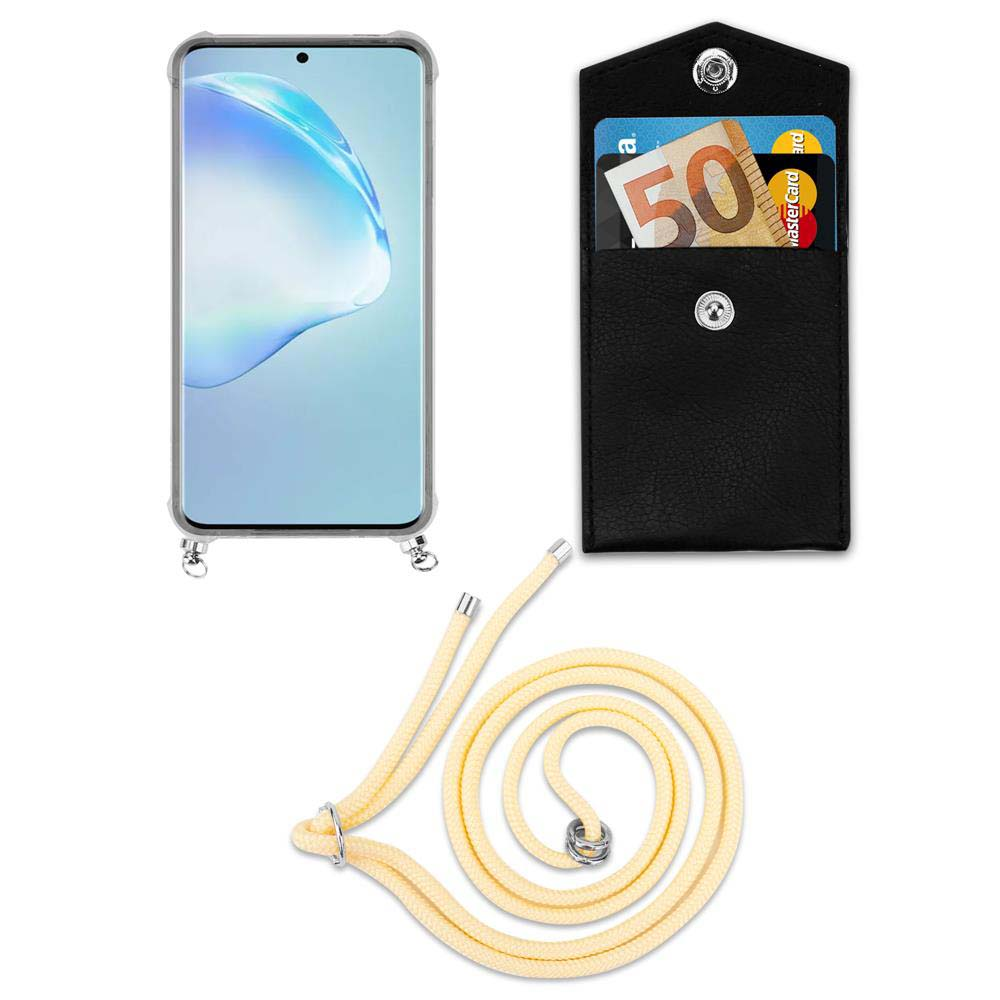 Smartphone con custodia, portafoglio con 50€ e carta, e cordino