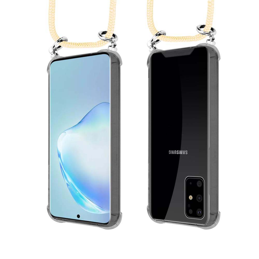 Uno smartphone in custodia trasparente con cinturino, fronte e retro.