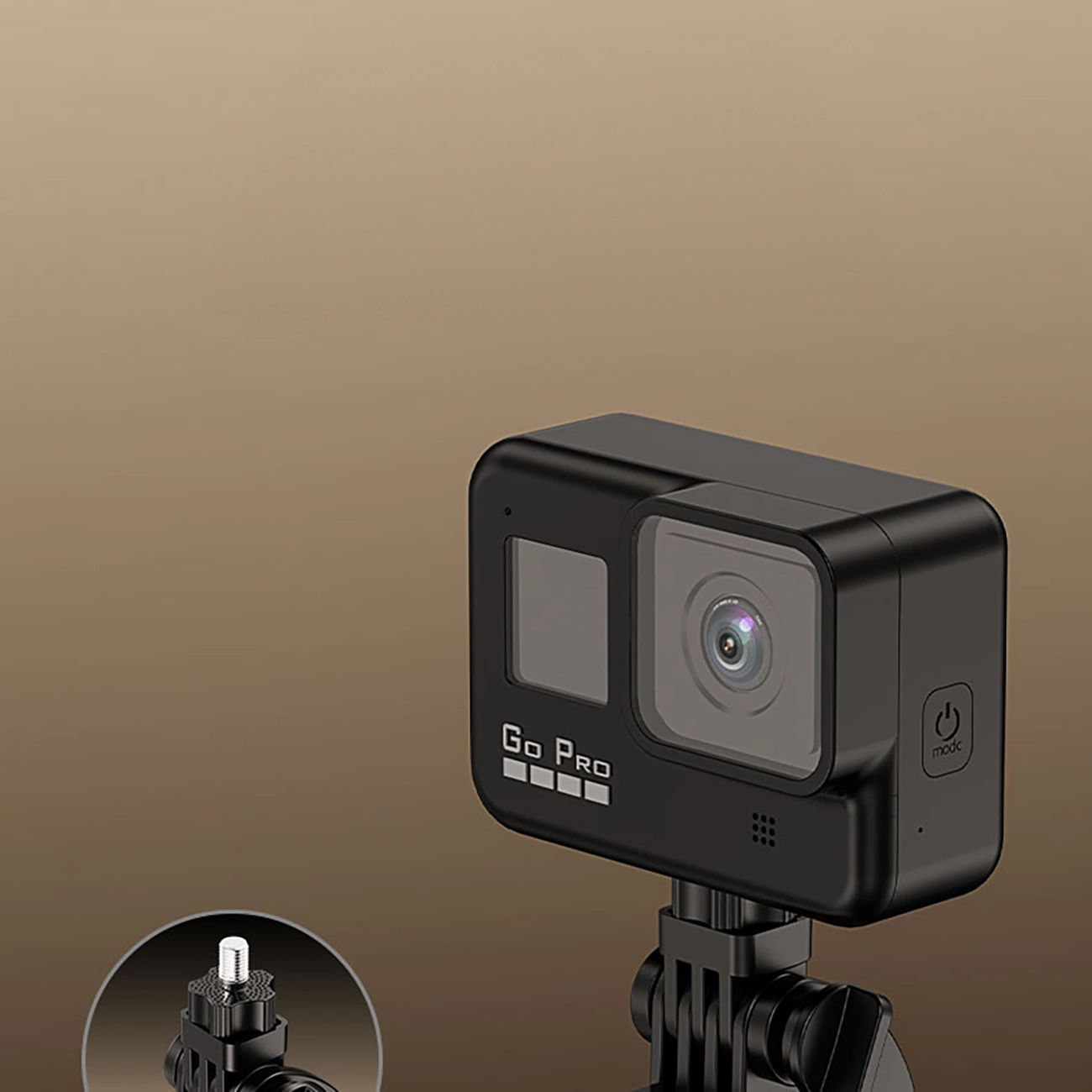 Schwarze GoPro-Kamera mit Objektiv und vorderem Bildschirm auf einem Ständer.