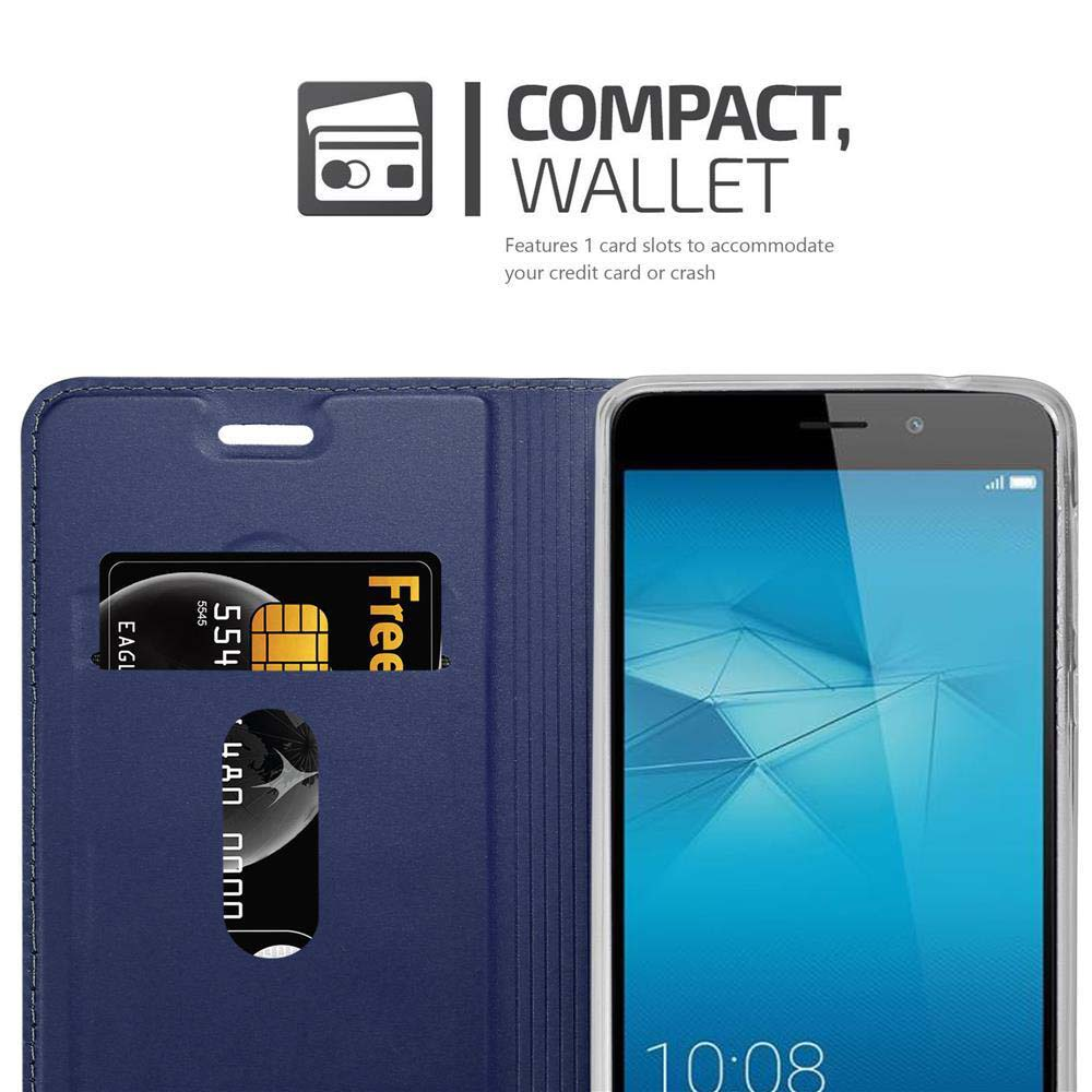 Portafoglio blu con telefono e scomparti per carte.