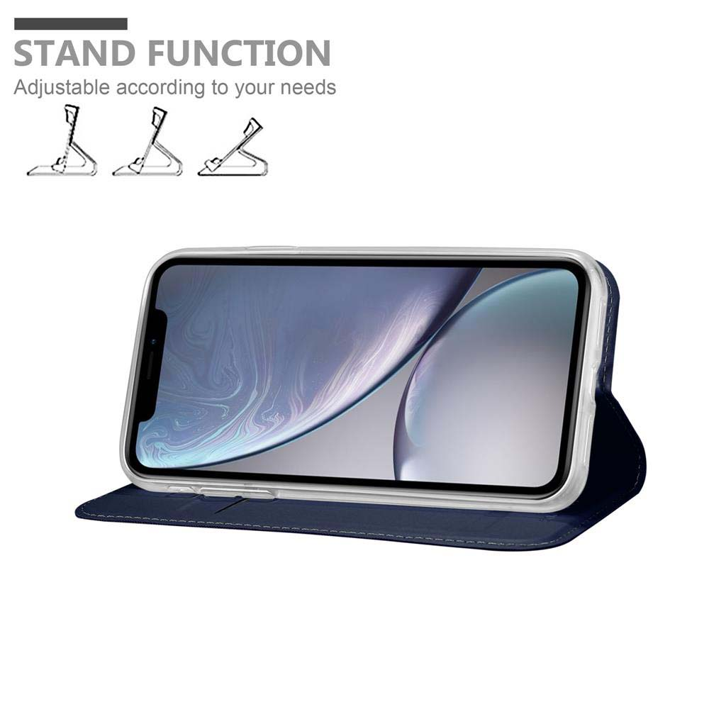 Una custodia a flip blu tiene uno smartphone in orizzontale. Vengono illustrate tre posizioni del supporto.