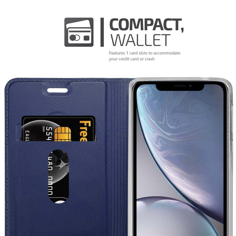 Portafoglio blu con fessure per carte che tengono un telefono.