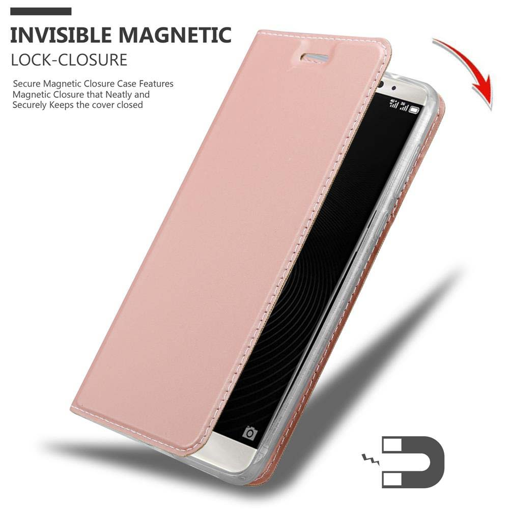 Una funda de teléfono rosa con cierre magnético. Una flecha indica el cierre.