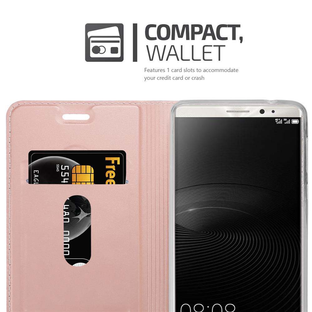 Una billetera rosa con una tarjeta y un teléfono inteligente.