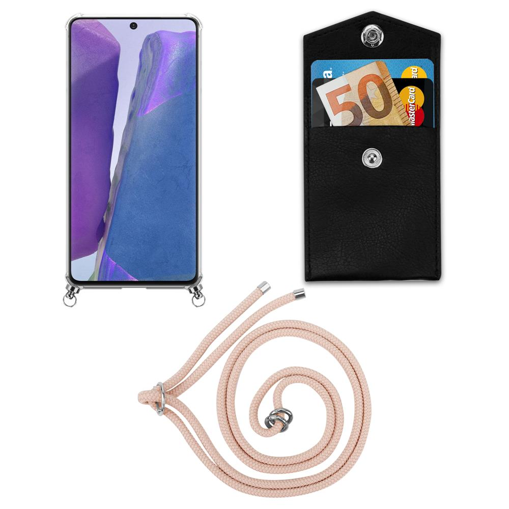 Uno smartphone in custodia, un porta carte con banconota da 50 euro e un cordino.