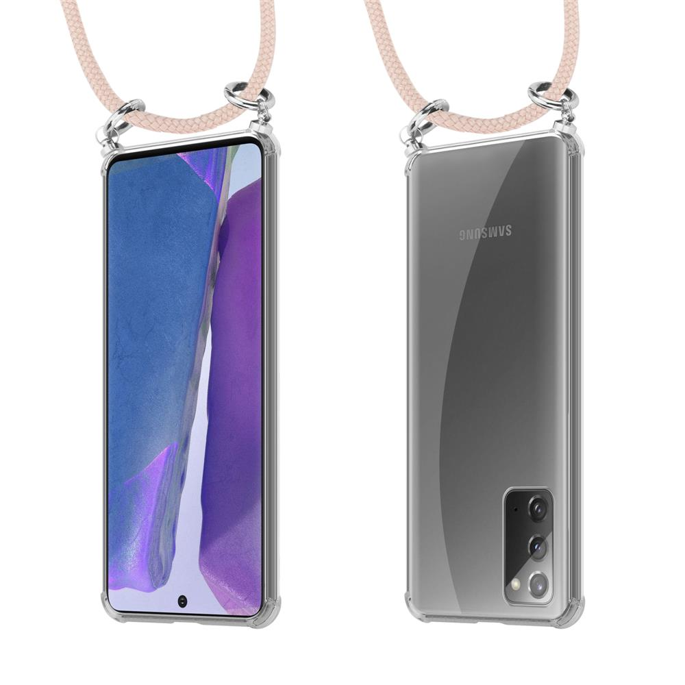 Uno smartphone in una custodia trasparente con un laccetto.