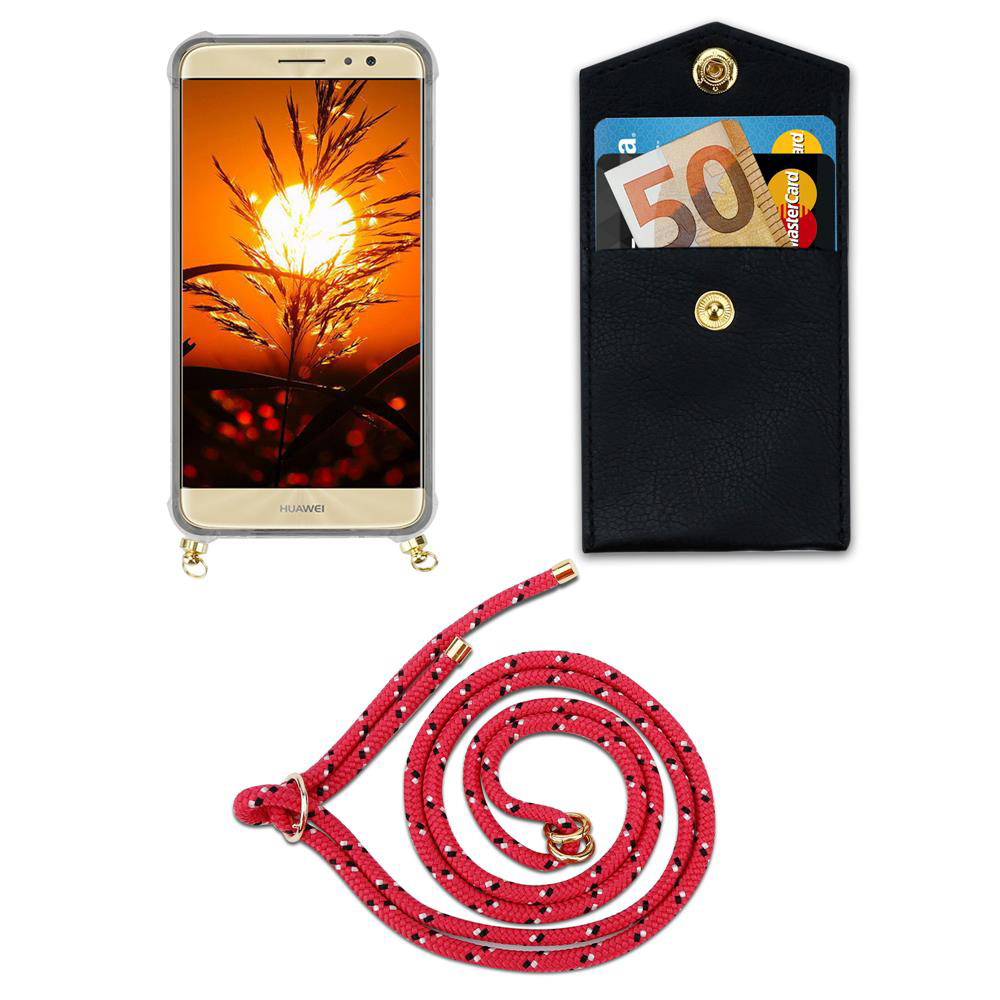 Telefono con sfondo tramonto, porta carte nero con soldi, corda rossa.
