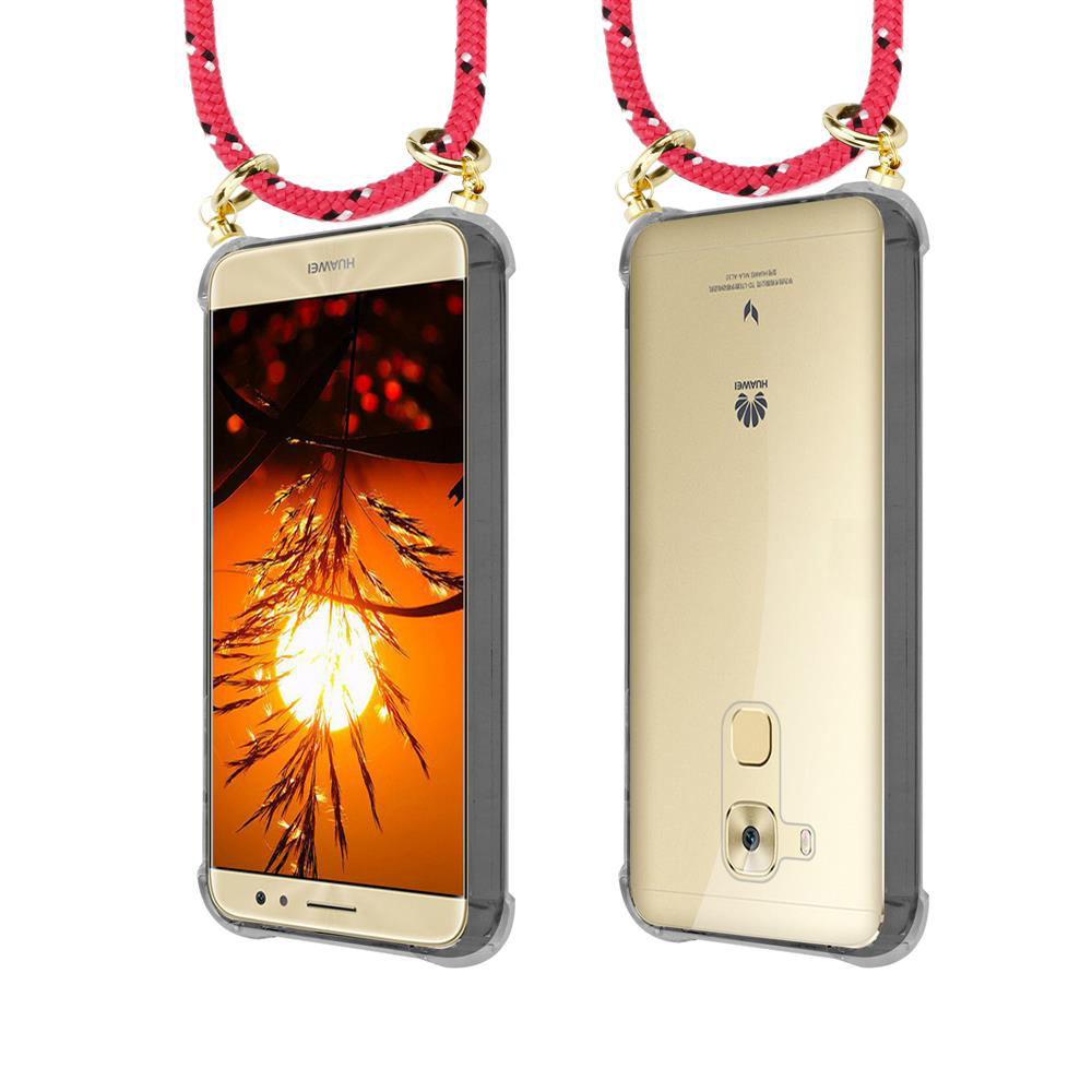 Due telefoni Huawei con cordino rosso e finiture dorate. Vista frontale e posteriore.