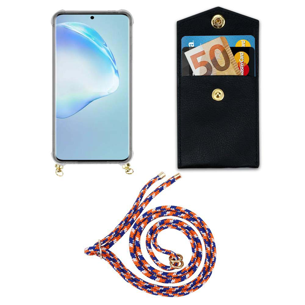 Smartphone con custodia, tasca nera con contanti/carte, cordino.