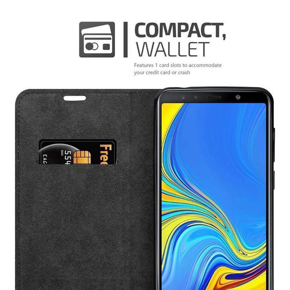 Portafoglio nero con una carta e uno smartphone. Testo: COMPACT, WALLET.
