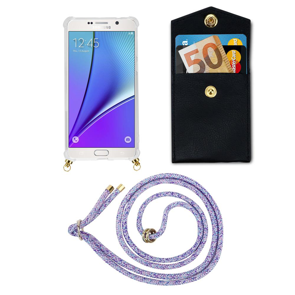 Telefono Samsung in custodia trasparente, borsetta nera con soldi e carte, cordino viola.