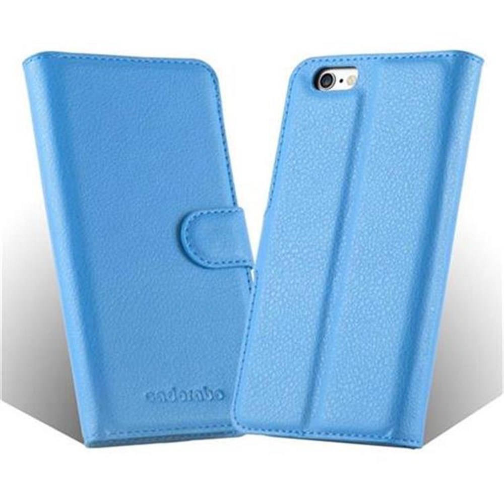 Custodia blu a libro per telefono con chiusura a scatto e cuciture.