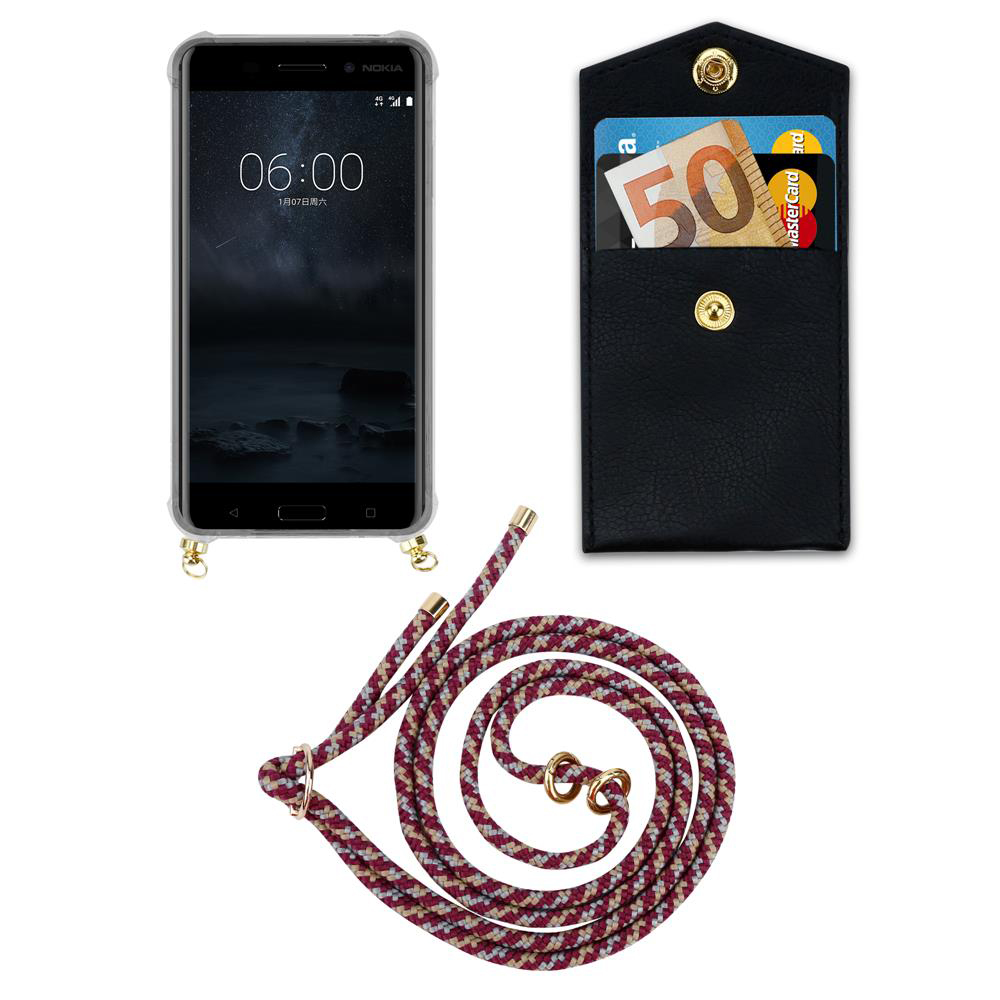 Nokia Smartphone mit Hülle, Kartenetui mit Geld und Karten, und eine Kordel.