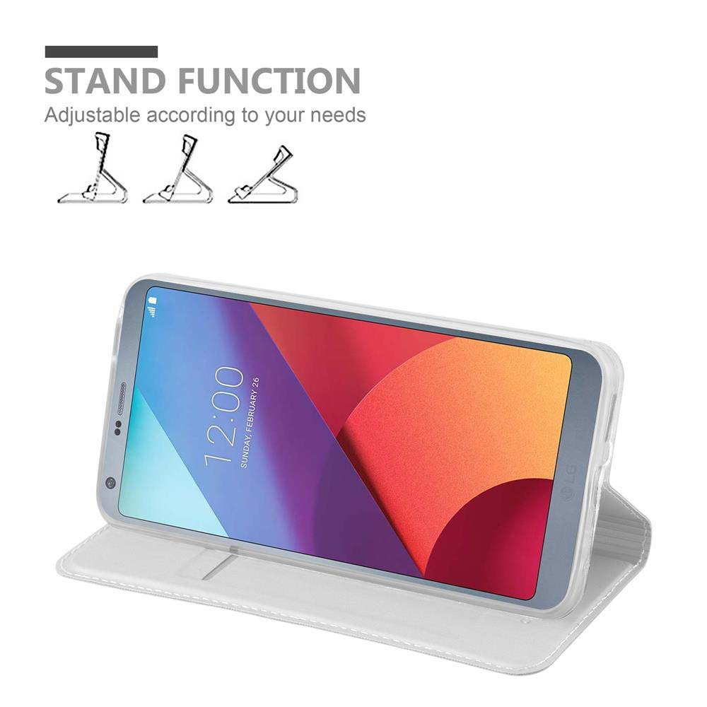 Smartphone bianco in custodia con funzione supporto. Illustrazioni in alto.