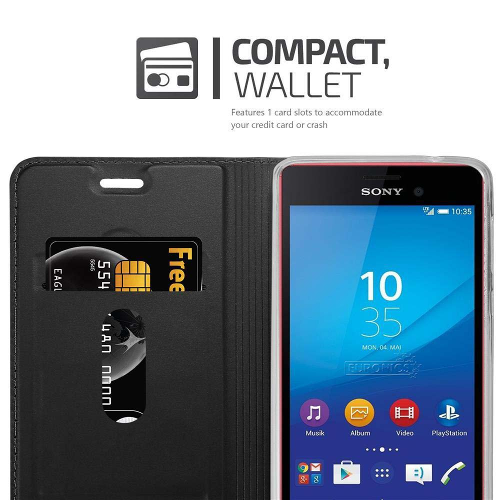 Funda tipo cartera negra con ranuras para tarjetas, sostiene un teléfono Sony mostrando las 10:35.