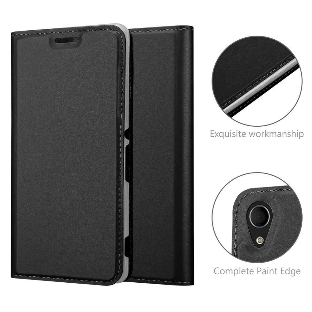 Funda de teléfono negra en dos vistas, con primeros planos de artesanía y borde.