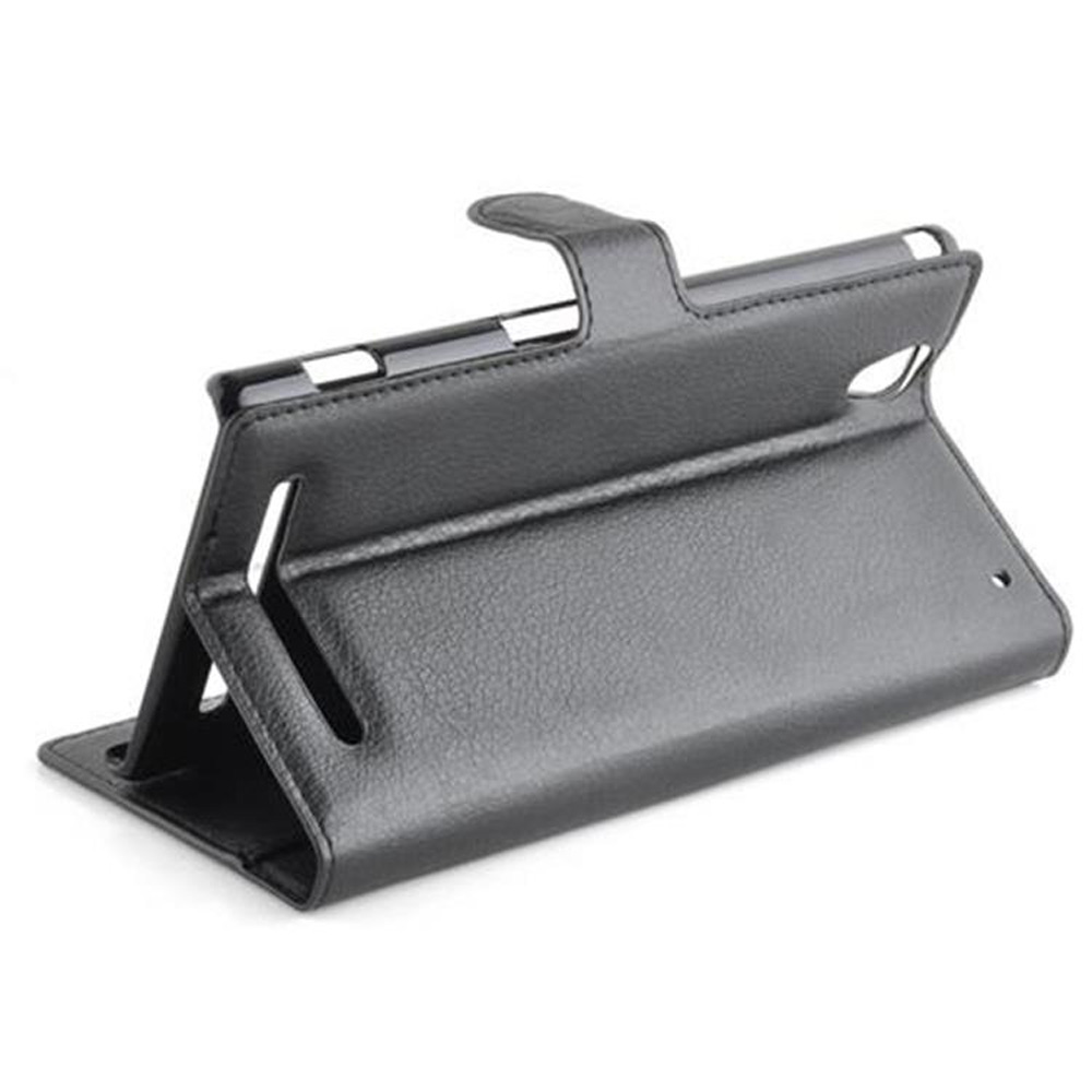 Custodia nera per tablet piegata come supporto.