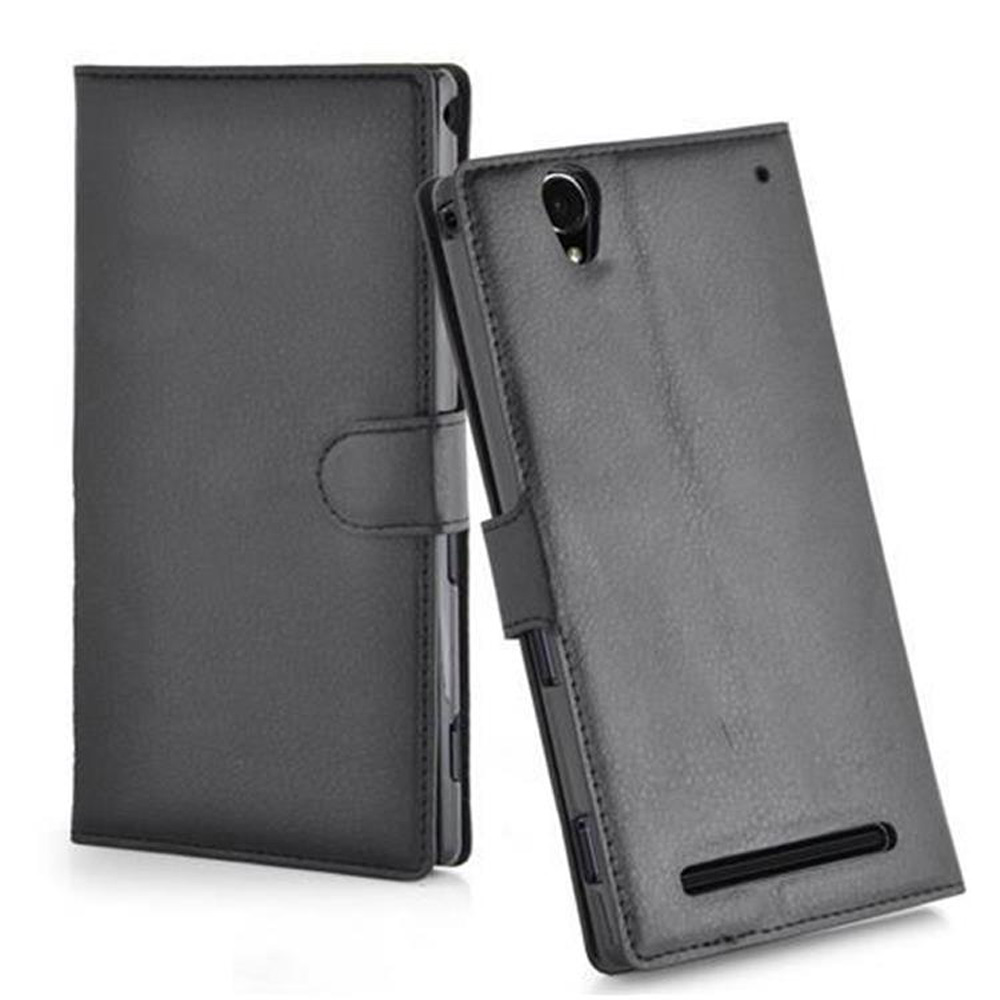 Due custodie per cellulare a libro in pelle nera sono esposte su sfondo bianco.