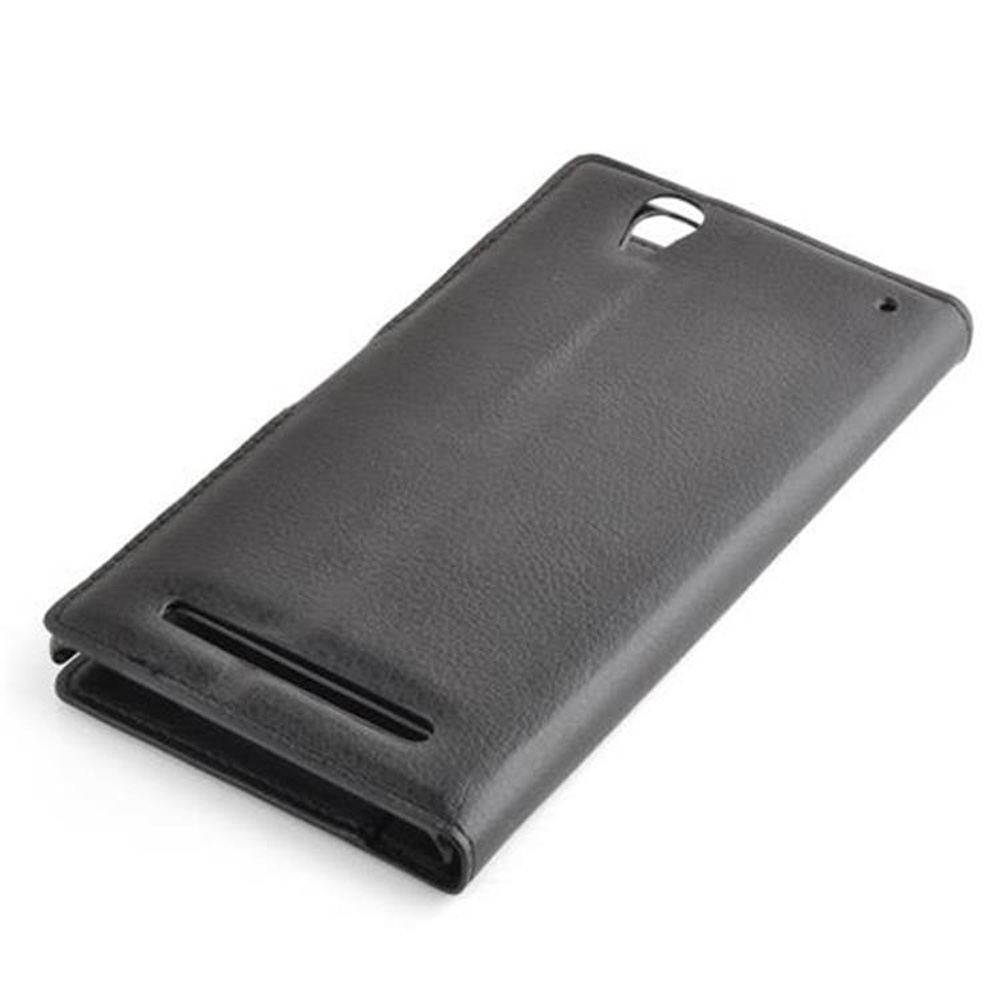 Custodia a libro in pelle nera per smartphone, isolata su bianco.
