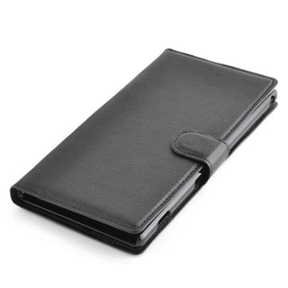 Custodia a libro in pelle nera per smartphone, chiusa.