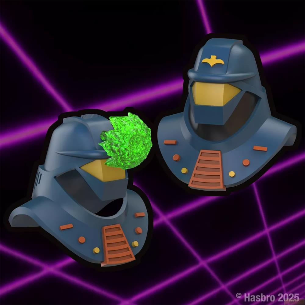 Deux casques bleus avec visières jaunes et énergie verte.