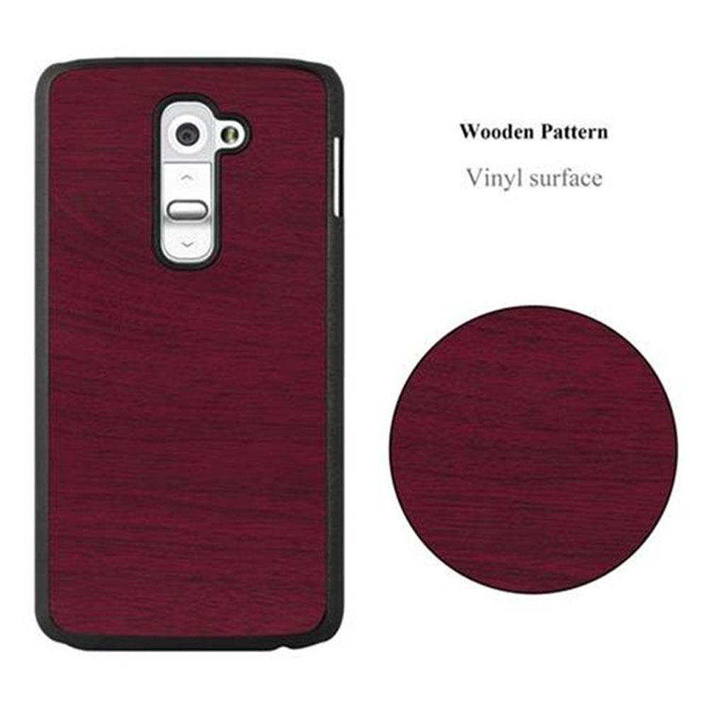 Cover per telefono rosso scuro con motivo a venature di legno e ritaglio fotocamera.