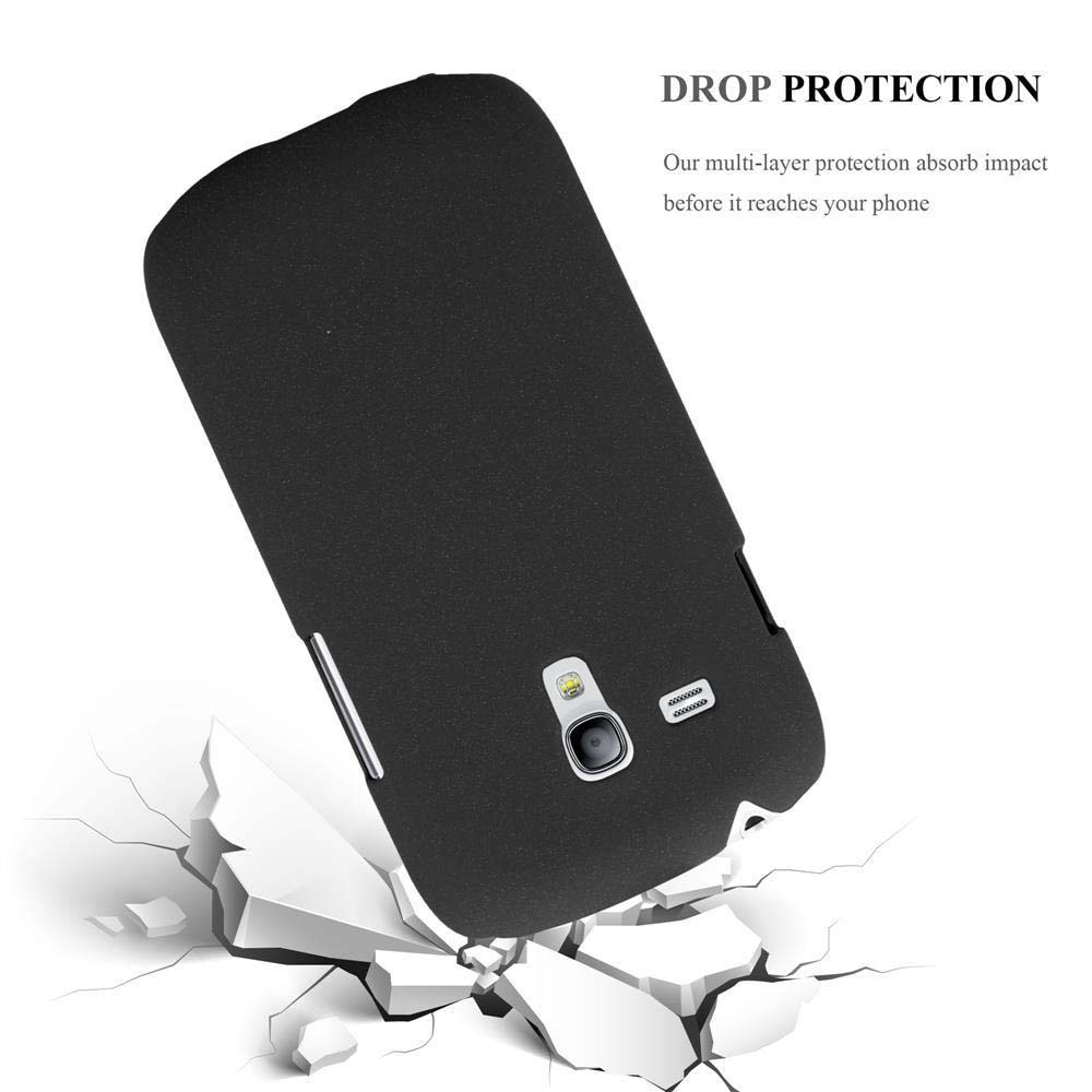 Custodia nera per telefono che cade su terreno incrinato, con testo "Drop Protection".