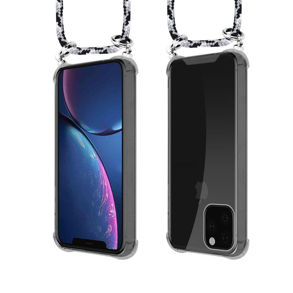 Due iPhone in custodie trasparenti con laccetti, mostrati fronte e retro.