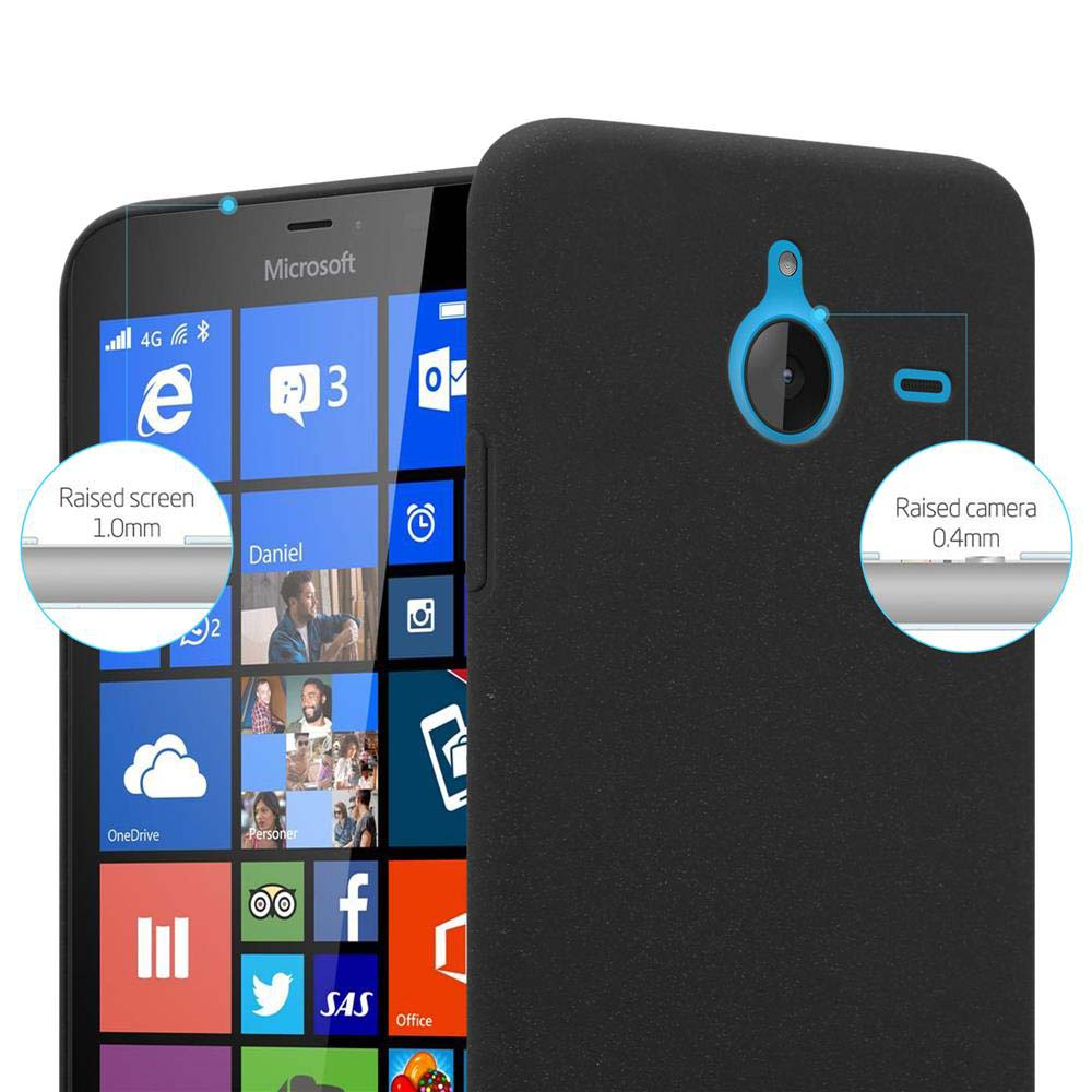 Funda negra para teléfono con recorte de cámara. La pantalla muestra mosaicos.