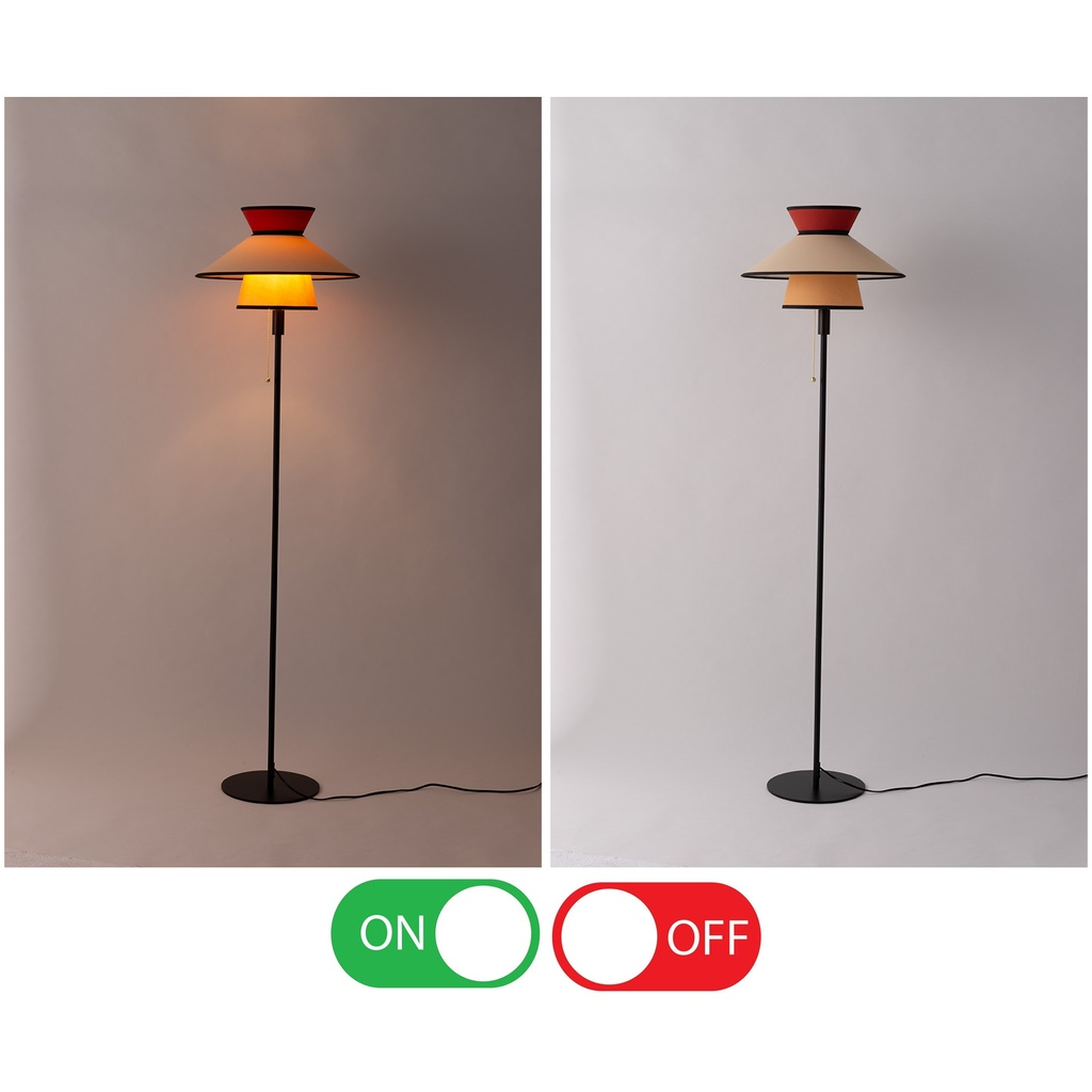 Lámpara de pie con pantallas en capas, mostrada encendida y apagada. Botones verde ENCENDIDO, rojo APAGADO abajo.