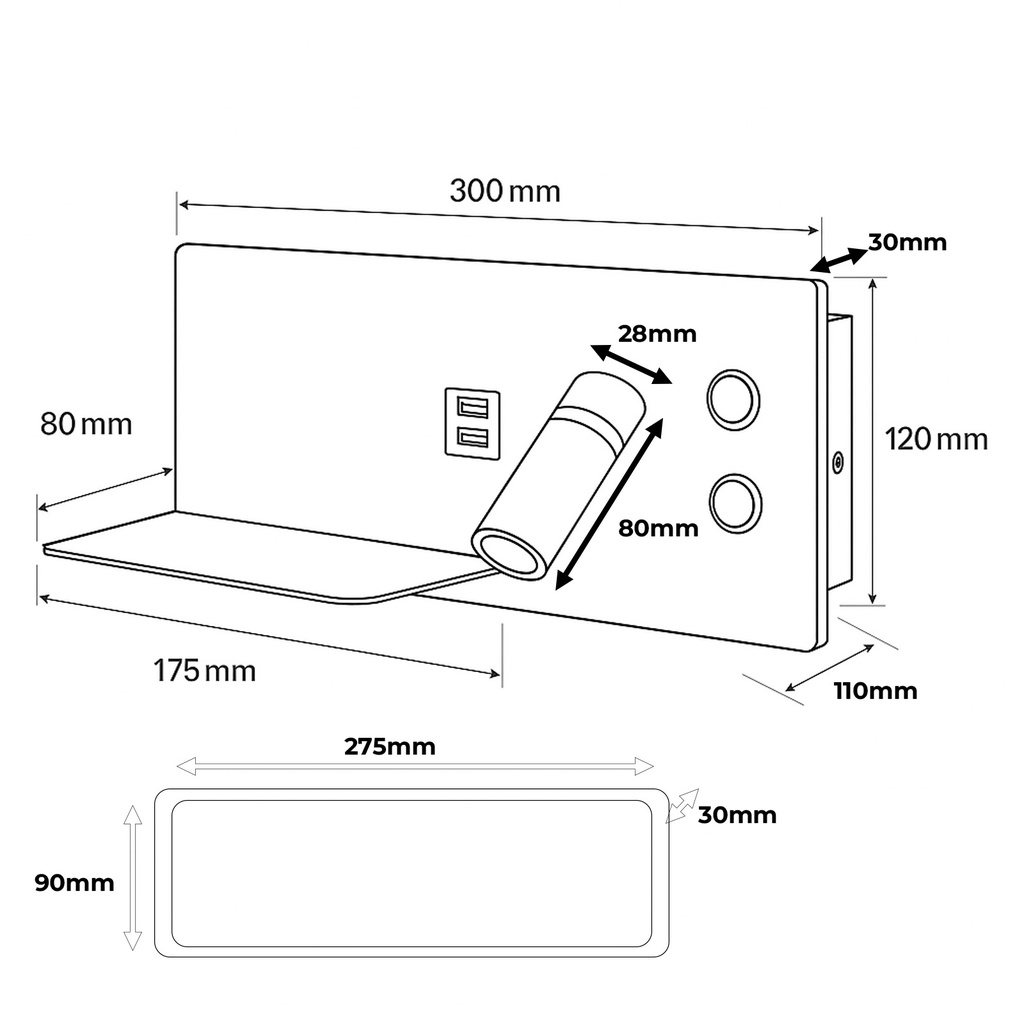 Dibujo técnico de una unidad de pared que muestra dimensiones de largo, ancho y alto.