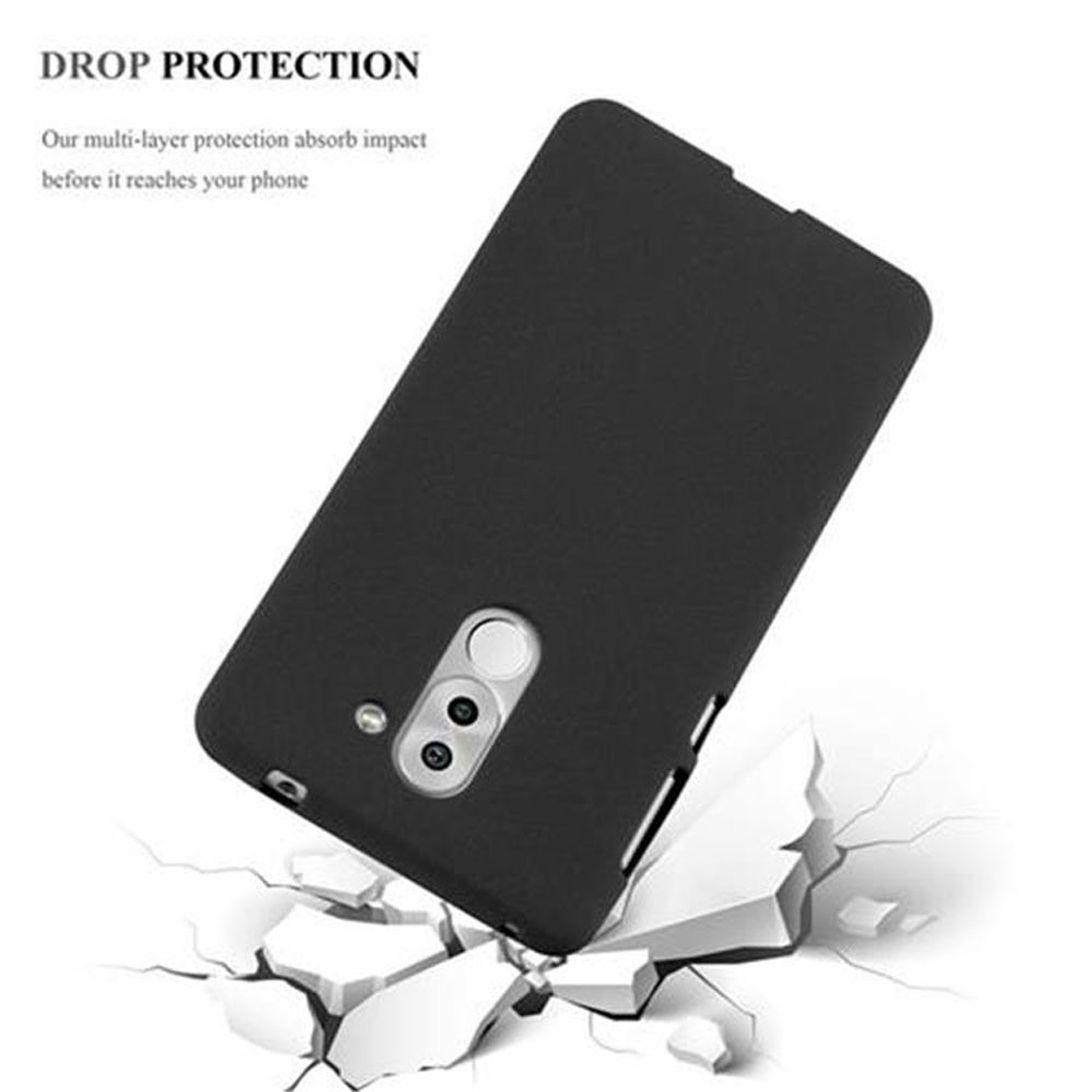 Custodia nera per telefono con effetto anti-caduta su sfondo bianco.