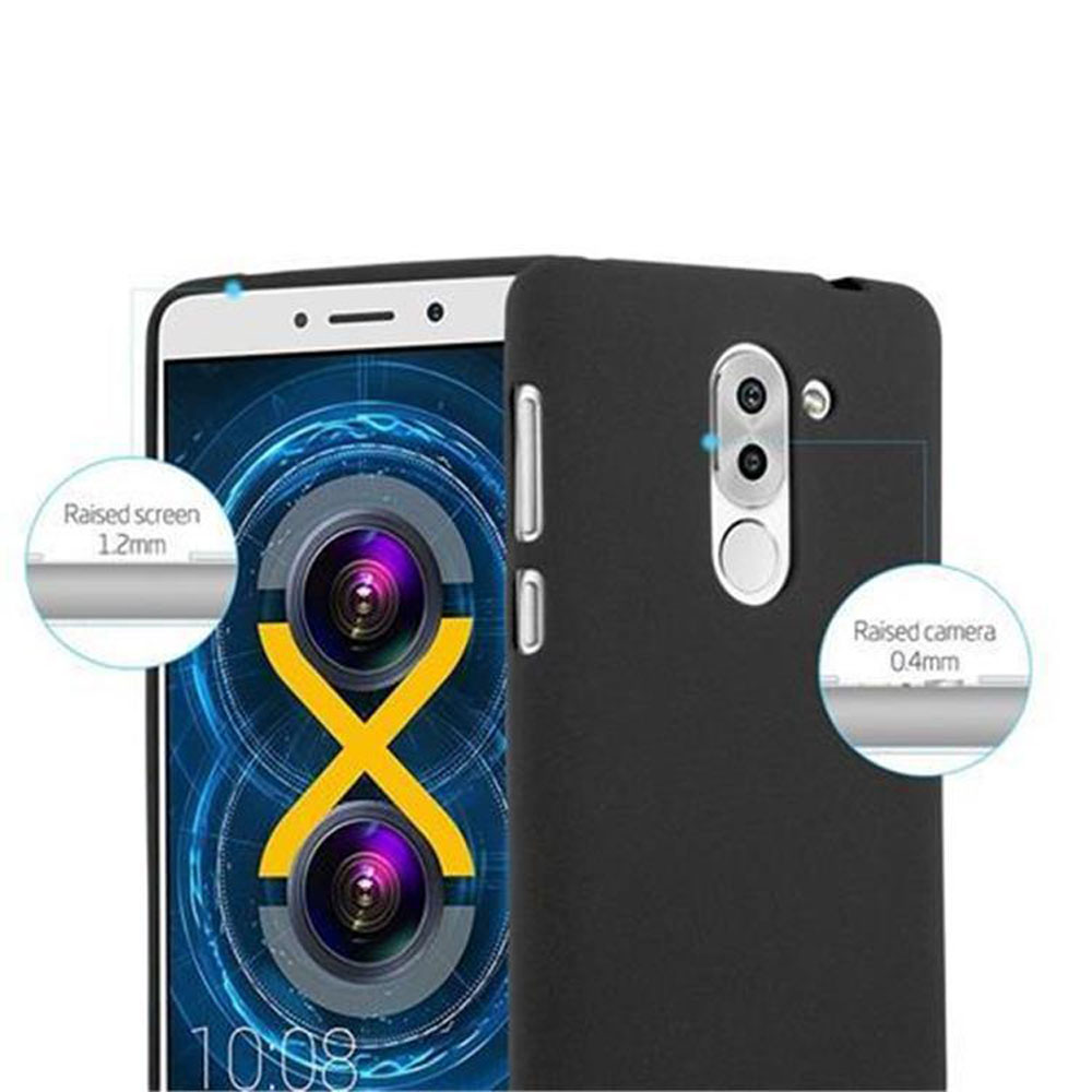 Custodia nera per telefono con dettagli fotocamera e schermo.