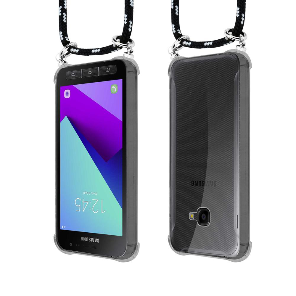 Telefono Samsung fronte e retro con cordino in custodia trasparente.