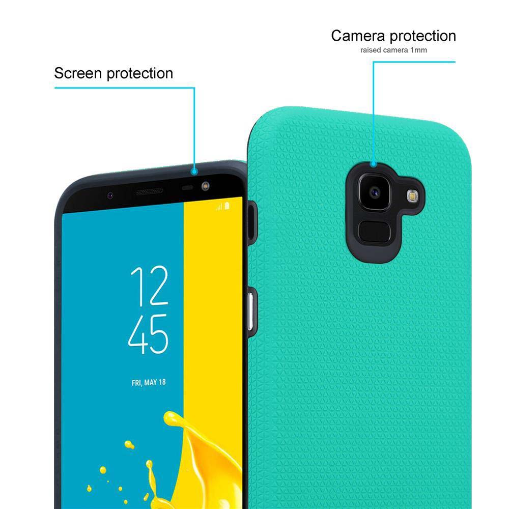 Uno smartphone con custodia turchese, che mostra il retro.