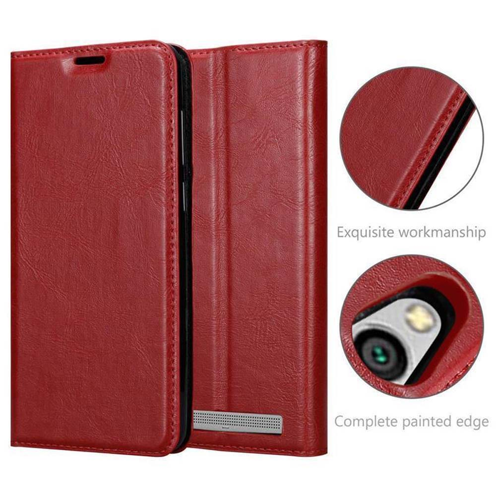 Custodia rossa in pelle per telefono con cuciture, flip cover e ritaglio.