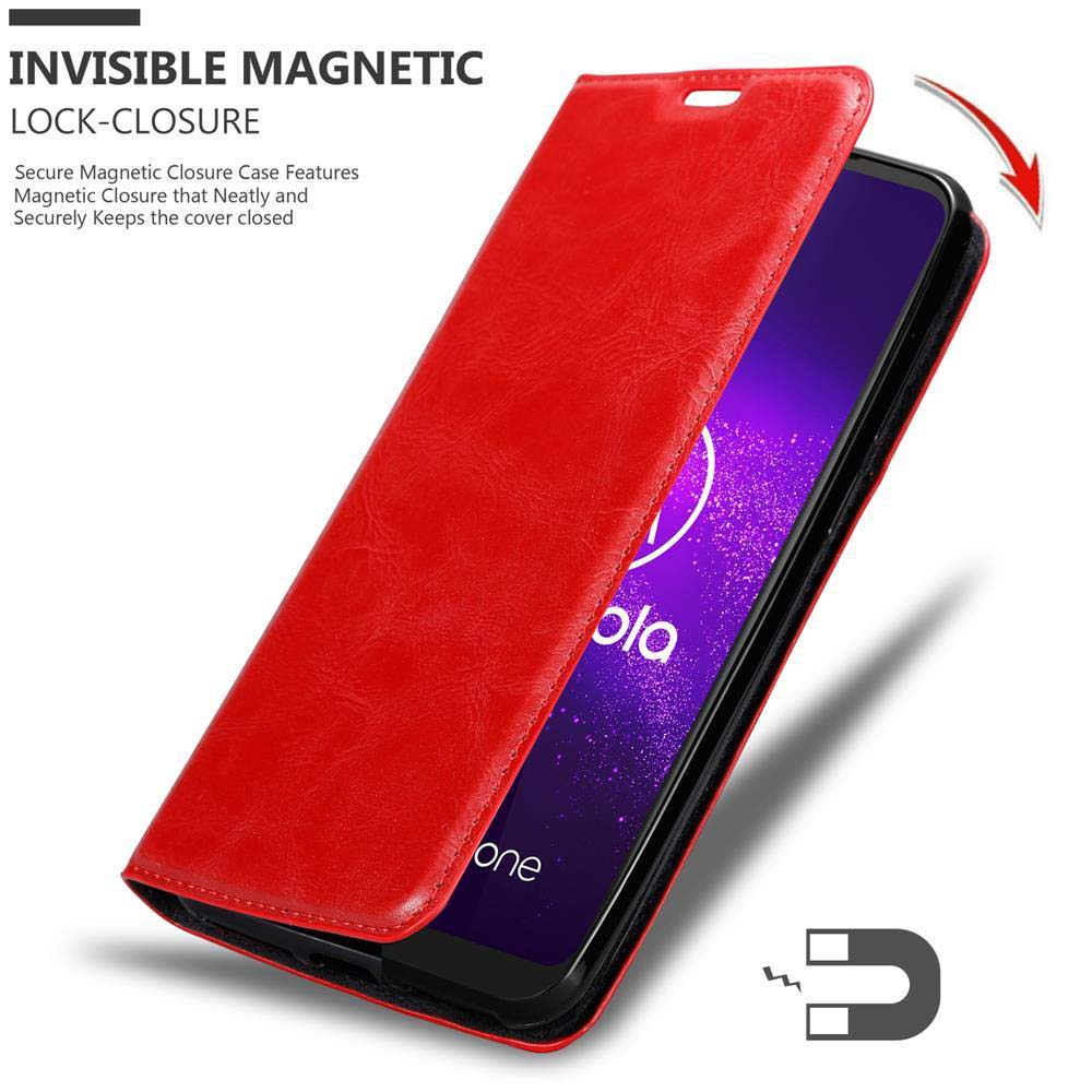 Custodia in pelle rossa aperta, mostra telefono con "ola one" sullo schermo. Chiusura magnetica.