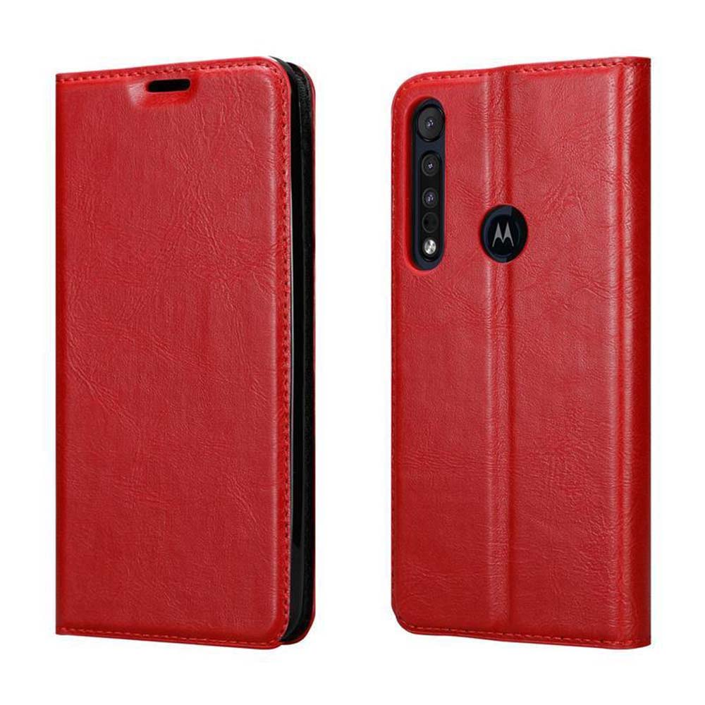 Due custodie rosse in pelle per telefono a libro. Una chiusa, una aperta con fotocamera.