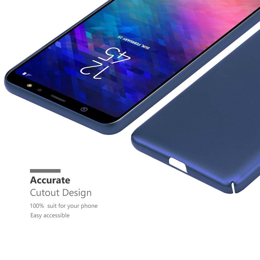 Dunkelblaues Smartphone mit Cutout-Design-Hülle und digitaler Uhrzeit auf dem Bildschirm.
